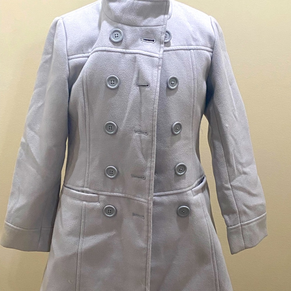 A grey fall or winter coat that look very modern, in amazing condition.